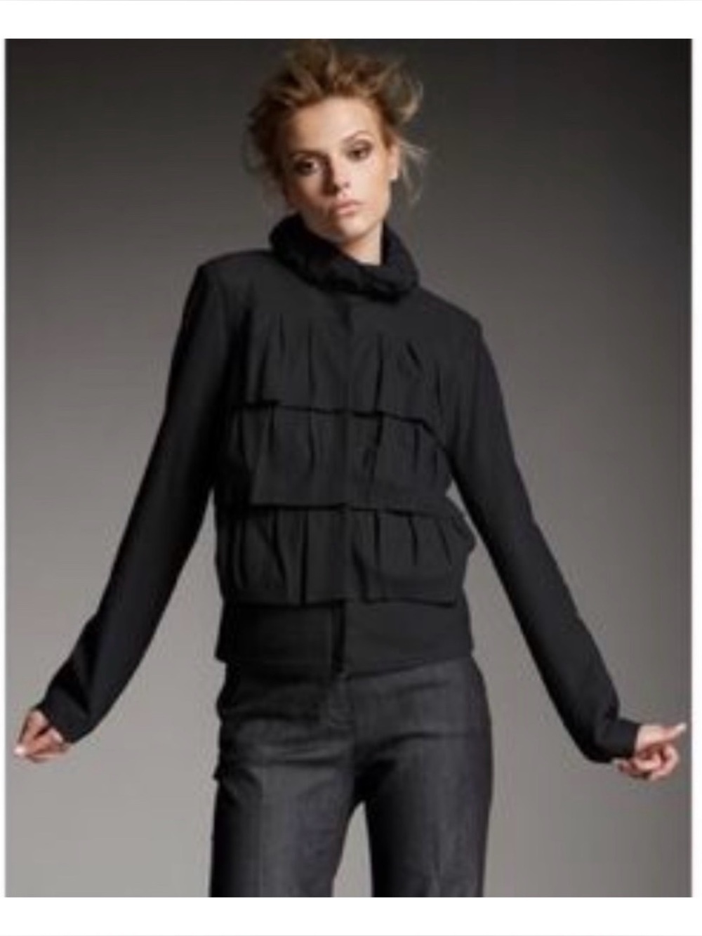 Diane Von Furstenberg Black Tiered Ruffle Zip Bomber Jacket 0 XS